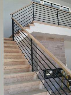White Oak Treads and Risers, Horizontal Iron Balusters with White Oak Handrail