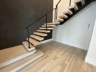 White Oak Box Treads/Box Landing with LEDs - Mono-Stringer with Steel Cable Railing