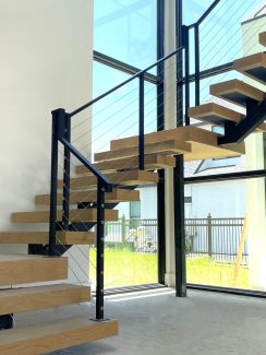 Modern Staircase, White Oak Box Treads and Iron Stringer with Cable Railing System
