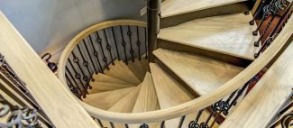 Wood and Metal Spiral Staircase -Forged Iron Frame with Wooden Treads and Wood Handrail, Metal Balusters 