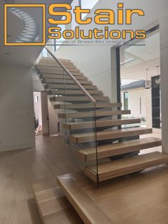 Mono-Stringer, Modern Side Mounted Glass Railing with Wooden Cap Box Treads